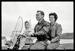 1962. Harley-Davidson with a baby seat somewhere in New Jersey: "People riding motorcycles, including members from various state chapters of the Motor Maids." 35mm negative by Bob Sandberg for Look magazine. View full size.