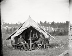 September 1863. Culpeper, Virginia. "Dr. Irwin of Excelsior Brigade in front of tent." Charles K. Irwin of the 72nd New York Infantry. View full size.
