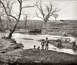 Winter of 1861-1862. Federal cavalry at Sudley Ford, Virginia, following the battle of First Bull Run (July 1861). View full size. Half of a glass-plate stereograph pair taken by George N. Barnard and compiled by Milhollen and Mugridge.