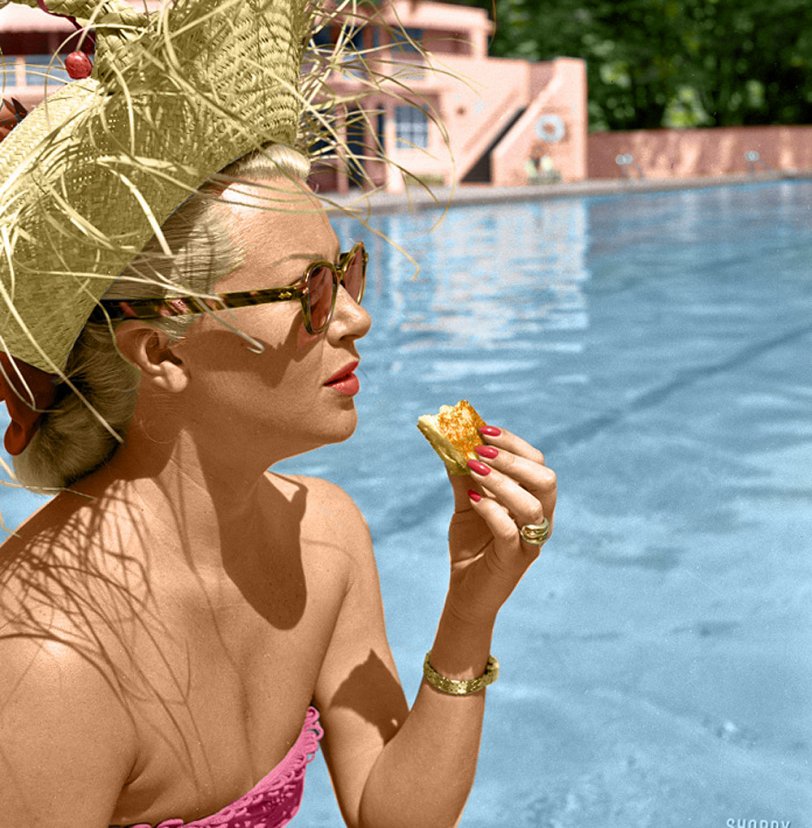 Colorized from this Shorpy original. This just begged to be coloured. I would love to know what she was eating - I used a photo of a toasted cheese sandwich for colour reference! View full size.

