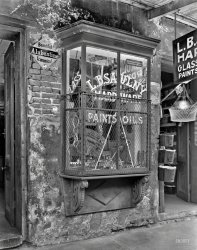 Circa 1937. "Hardware store, 906 Bourbon Street, New Orleans." Carrying a full line of protectants and preservatives, none of which seem to be suitable for the store itself. 8x10 acetate negative by Frances Benjamin Johnston. View full size.