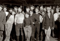 November 15, 1909. Bridgeton, New Jersey. "A few of the workers on night shift at Cumberland Glass Works. One boy is 13 years old." A livelier than usual crowd as far as facial expressions go. Photograph by Lewis Wickes Hine. View full size.