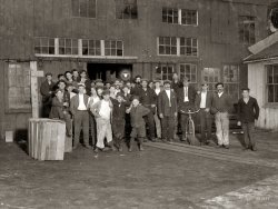 November 15, 1909. Bridgeton, New Jersey. "Cumberland Glass Works. Night shift going to work." Photograph by Lewis Wickes Hine. View full size.