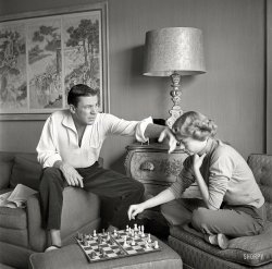 New York, 1952. "Television personality Mike Wallace wearing Italian sportswear and casual shoes. Includes Wallace with wife Buff at home." A veritable United Nations of decorative influences here. Photo by John Vachon for the Look magazine article "Italian clothes get the American treatment." View full size.