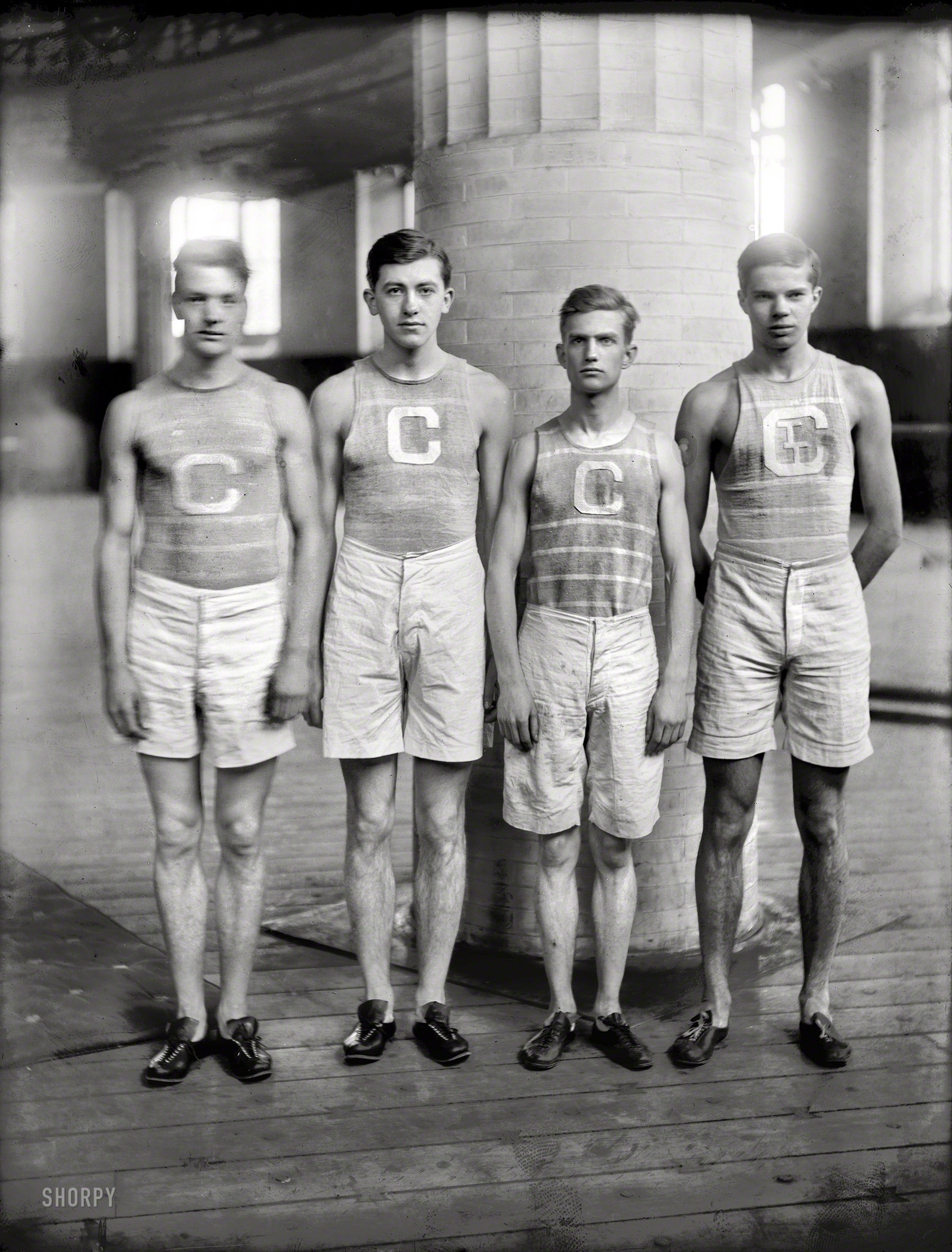 New York. "Columbia Relay Team, 1908. Capt. A. Zink, G.W. Hoyns, B. Sanders, K.M. Boorman." 8x10 glass negative, Bain News Service. View full size.