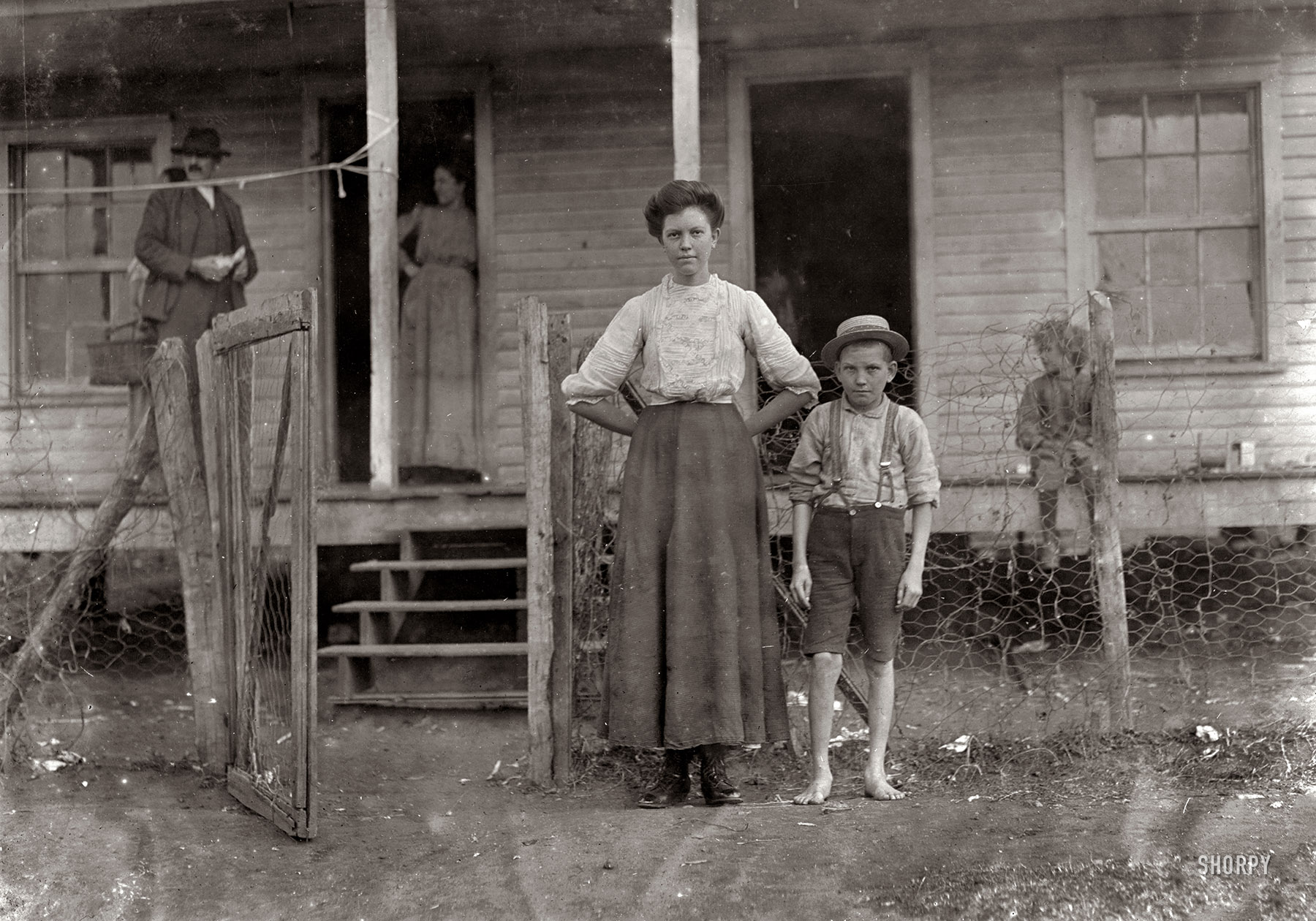 November 1908. Chester, South Carolina. "Jamie Sherley, (girl). Wylie Mills. Been in mill six years. Ambro Sherley, 11 years old. Been in mill over one year." Photo and caption by the child-labor documentarian Lewis Wickes Hine. View full size.