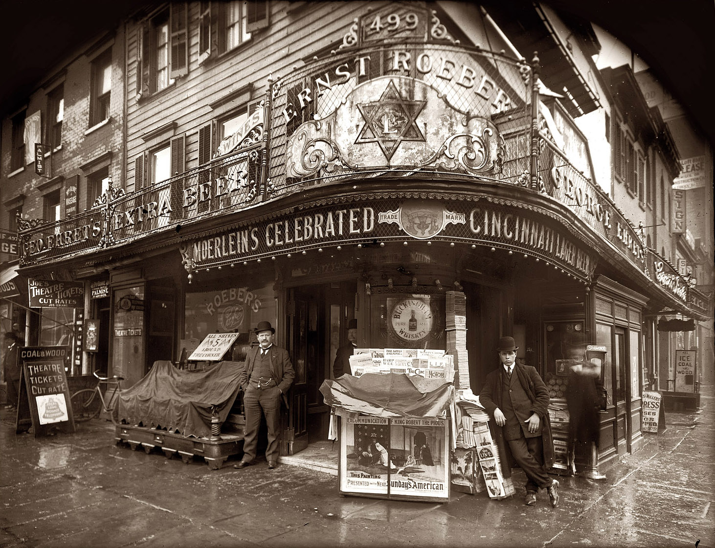 On the left, champion wrestler and vaudeville impresario Ernst Roeber (1861-1944) and his Manhattan saloon at 499 Sixth Avenue around Easter 1908. 8x10 glass negative, George Grantham Bain Collection. View full size. Roeber (aka Ernest or Ernie) also operated a cafe in the Ridgewood section of Brooklyn.
