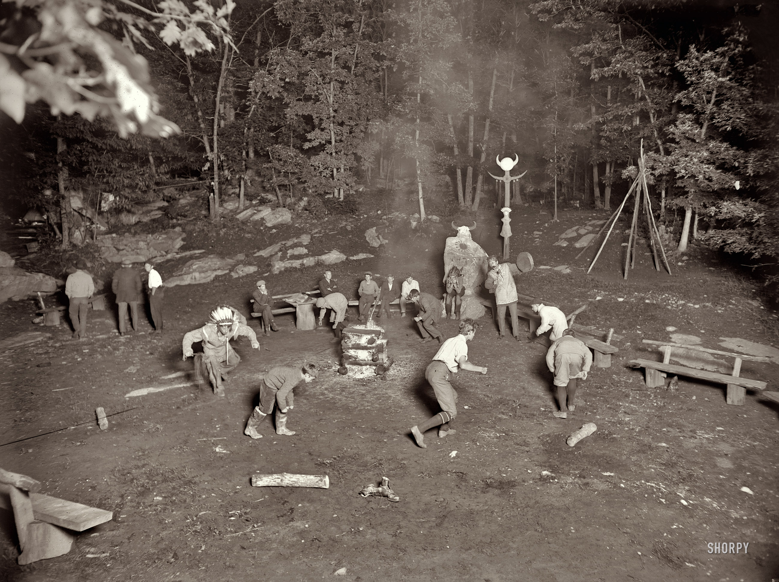 Wyndygoul Council and War Dance at Medicine Rock circa 1908. Wyndygoul, aka the "camp of the Pocatopog tribe," was the Cos Cob, Connecticut, estate of writer-naturalist Ernest Thompson Seton, founder of the Woodcraft Indian movement, and one of the founders of the Boy Scouts of America. View full size. 8x10 glass plate negative, George Grantham Bain Collection.