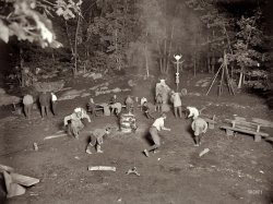 Wyndygoul Council and War Dance at Medicine Rock circa 1908. Wyndygoul, aka the "camp of the Pocatopog tribe," was the Cos Cob, Connecticut, estate of writer-naturalist Ernest Thompson Seton, founder of the Woodcraft Indian movement, and one of the founders of the Boy Scouts of America. View full size. 8x10 glass plate negative, George Grantham Bain Collection.