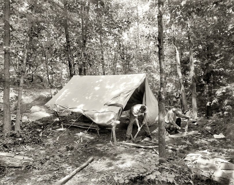 Cos Cob, Connecticut, circa 1908. "Owanoke Prospector's Camp -- Wyndygoul." Camping on the estate of writer-naturalist Ernest Thompson Seton, a founder of the Boy Scouts of America. Points of interest in this 8x10 glass plate: many trees camouflaging one ambush. Bain News Service. View full size.

