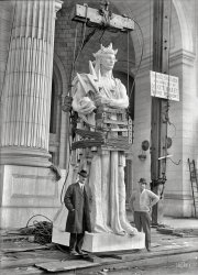 &nbsp; &nbsp; &nbsp; &nbsp; The six Saint-Gaudens statues, each weighing 22 tons, which are to grace the facade of the Union Station, are now being placed on pedestals at the tops of the entrance columns. Each of the statues was loaded upon a flat car for shipment to this city, and 20 horses drew the dray which hauled the first one to the station from the railway yards.&nbsp; &nbsp;  -- Washington Post, Oct. 27, 1912

The Greek philosopher Thales, representing electricity, one of Louis St. Gaudens' six statues symbolizing "The Progress of Railroading" at Union Station in Washington, D.C. Harris & Ewing Collection glass negative. View full size.