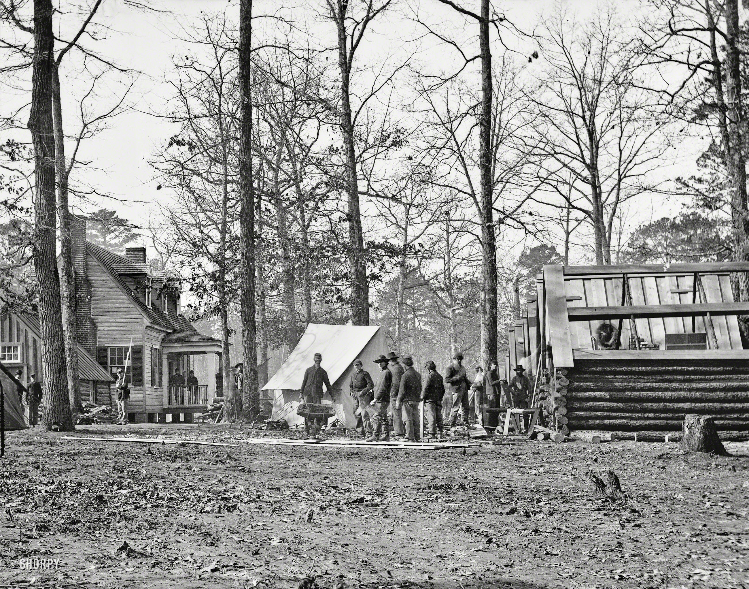 1864. "Bermuda Hundred, Virginia. Headquarters of Gen. Benjamin Butler." Future congressman and governor of Massachusetts. Wet plate glass negative from the Civil War Photograph Collection, Library of Congress. View full size.