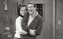 Rob and Laura redux: Another glimpse of Mary Tyler Moore and Dick Van Dyke on the "Dick Van Dyke Show" set in 1963. Photo by Earl Theisen for the article "America's Favorite TV Wife" in Look magazine. View full size.
