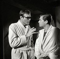 March 1966. "Actors Adam West and Burt Ward on the set of the movie Batman." From photos by Richard Hewett for Look magazine. View full size.