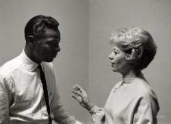 1960. Dinah Shore with guest Nat King Cole on the set of the Dinah Shore Chevy Show. From photos by Maurice Terrell and Robert Vose for a cover story on Dinah in the December 6, 1960, issue of Look magazine. View full size.