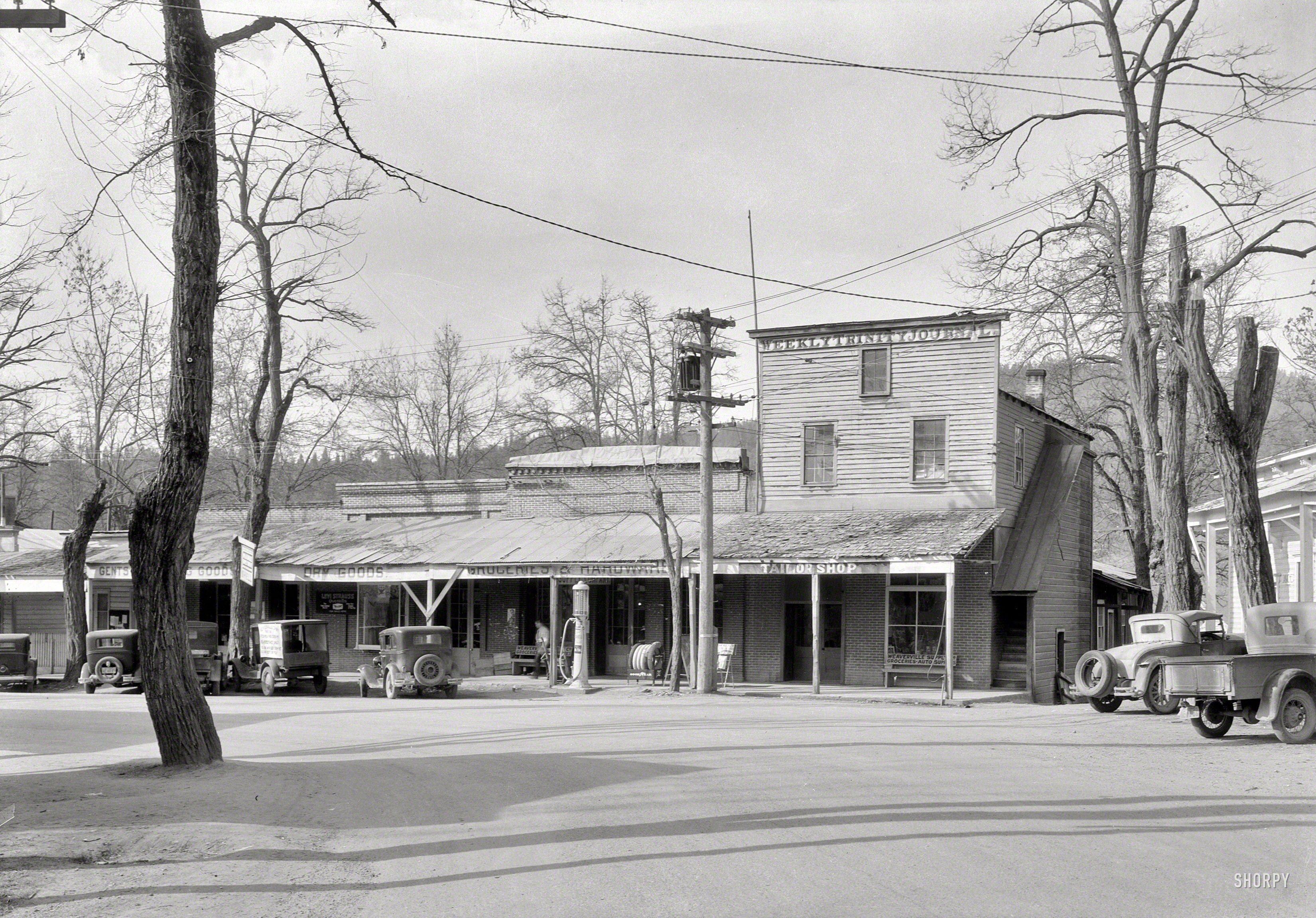 March 10, 1934 "Weaverville, Trinity County, California. General view looking west." Not much evidence of a Great Depression other than the NRA sign in a store window. Photo by Roger Sturtevant for the Historic American Buildings Sur&shy;vey. We wonder if he ever crossed paths with Dorothea Lange. View full size.