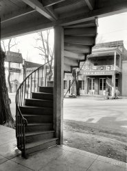 March 10, 1934. Weaverville, Trinity County, California. "East elevation, I.O.O.F. Lodge No. 55; also stairs of N.S.G.W. lodge hall, foreground." Photo by Roger Sturtevant for the Historic American Buildings Survey. View full size.