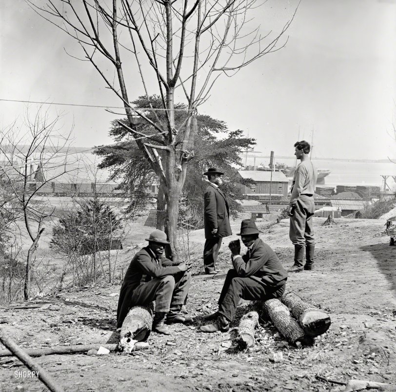 1865. "City Point, Virginia. Scouts at Secret Service headquarters in the last months of the war." Wet plate glass negative. View full size.
