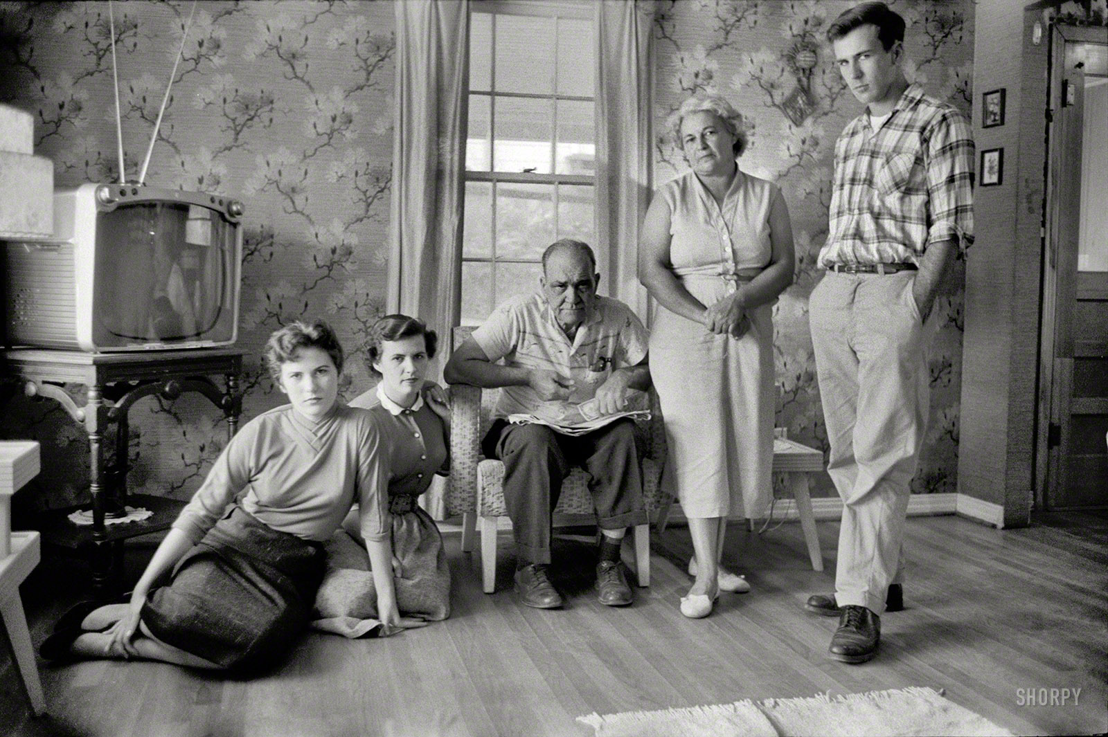 October 1957. "The Lemon family of Little Rock, Arkansas -- father Fred, mother Edith, daughters Virginia and Rosemary, and son Gary -- at home; in front of state capitol building; on streets of Little Rock." From photos by John Vachon for the Look magazine assignment "Members of the Mob." View full size.