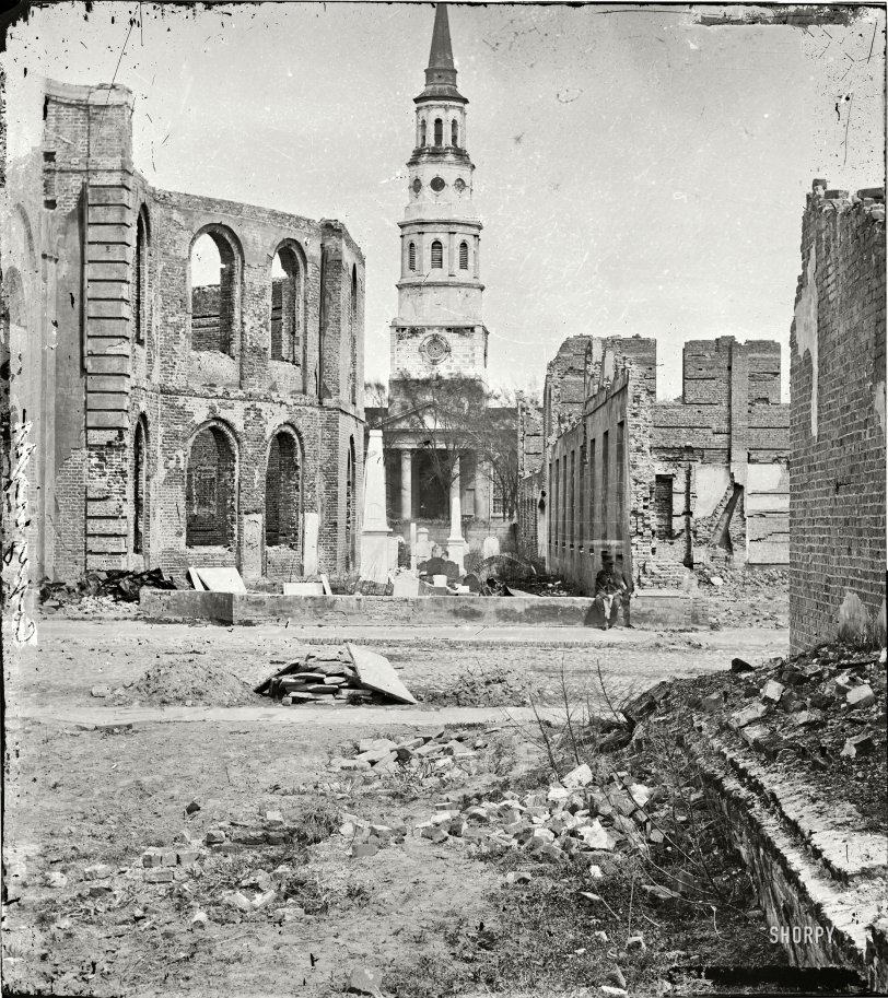 April 1865. Charleston, South Carolina. "St. Philip's Church with ruins of Circular Church and Secession Hall." Casualties of the Great Fire of 1861. Wet plate glass negative by George N. Barnard. View full size.
