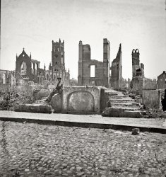 1865. "Charleston, South Carolina, after the Bombardment. Ruins of the Cathedral of St. John and St. Finbar." The city after shelling by the Federal Navy and the approach of Sherman's troops. Wet plate glass negative. View full size.