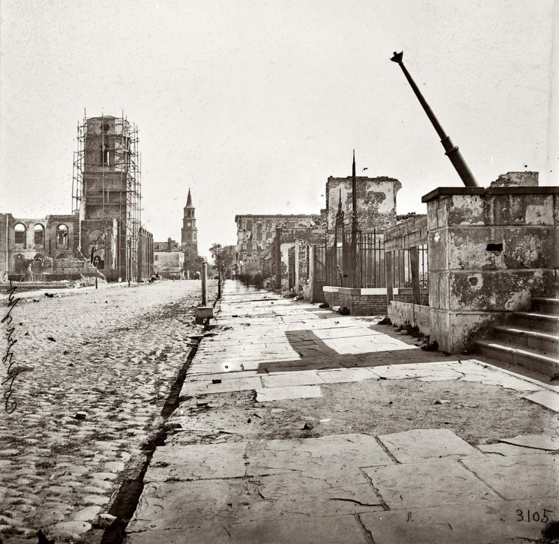 1865. "Charleston, South Carolina, after the bombardment. Meeting Street, looking south, showing St. Michael's Church, the Mills house and ruins of the Circular Church." View full size. Wet-collodion glass-plate stereograph.
