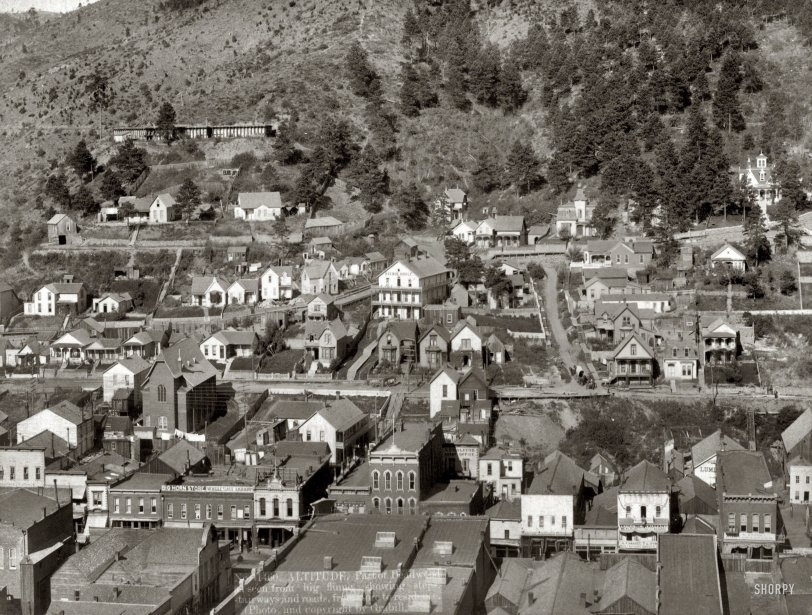 Circa 1890. "Altitude. Part of Deadwood, South Dakota, as seen from big flume, showing steps, stairways, and roads from store to residence." Photo by John C.H. Grabill, whose studio can be seen at bottom right. View full size.