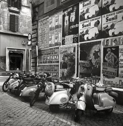 July 1955. "Vespa motor scooters in Rome, Italy." From photos taken for Look magazine. View full size.