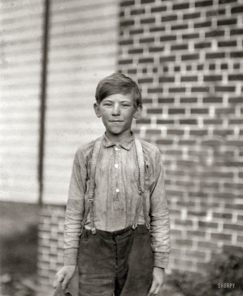 May 1913. Randleman, N.C. "Charley Humble. Said he was 10 years old. Has a regular job. Been helping his sister for some months in the Deep River Mills. Mother and sister work. Father deserted." Photo by Lewis Hine. View full size.
