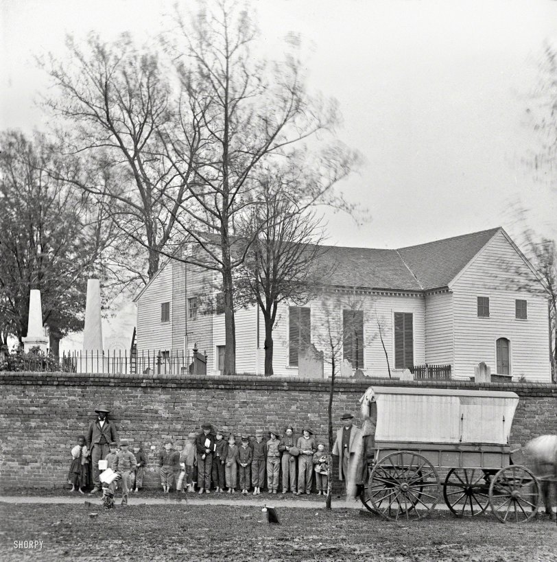 "St. John's Church and graveyard from street. Main eastern theater of war, fallen Richmond, April-June 1865." Wet plate glass negative. View full size.
