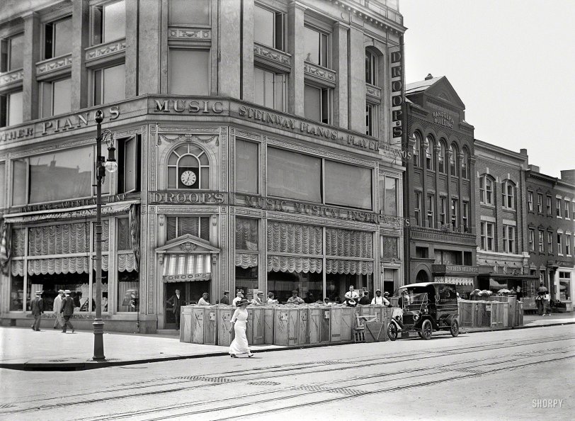 Washington, D.C., 1913. "E.F. Droop &amp; Sons Co. music store." Back when the Victrola was the iPod of its day. Harris &amp; Ewing glass negative. View full size.
