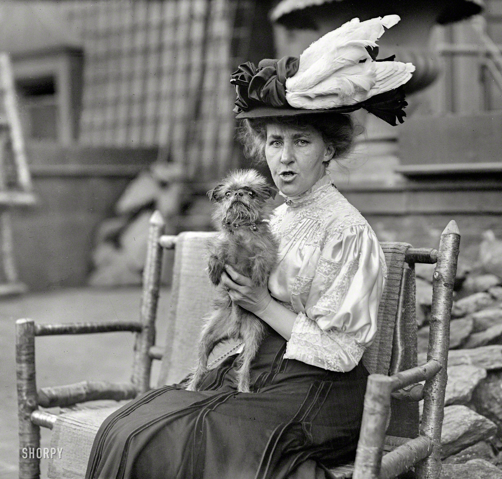 New York circa 1908. "Mary Langley Bruce seated with her Griffon Bruxellois, 'Cupid'." 5x7 glass negative, Bain News Service. View full size.