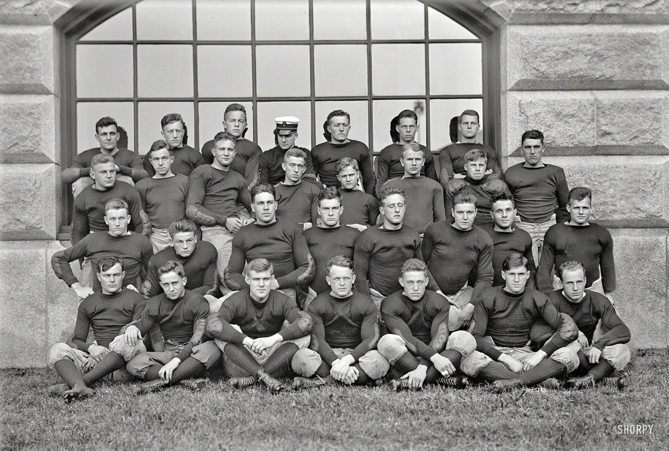 1913. Annapolis, Maryland. "U.S. Naval Academy football team." With chalked-on jersey numbers. Harris & Ewing glass negative. View full size.