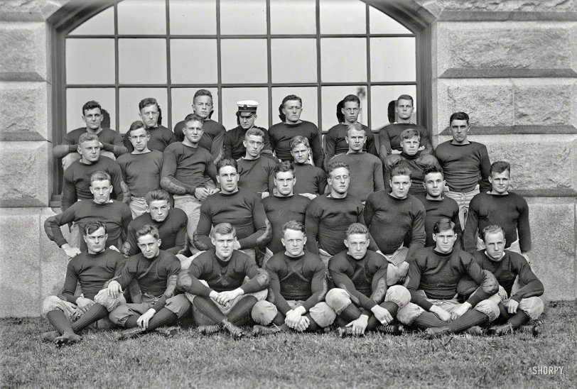 1913. Annapolis, Maryland. "U.S. Naval Academy football team." With chalked-on jersey numbers. Harris &amp; Ewing glass negative. View full size.
