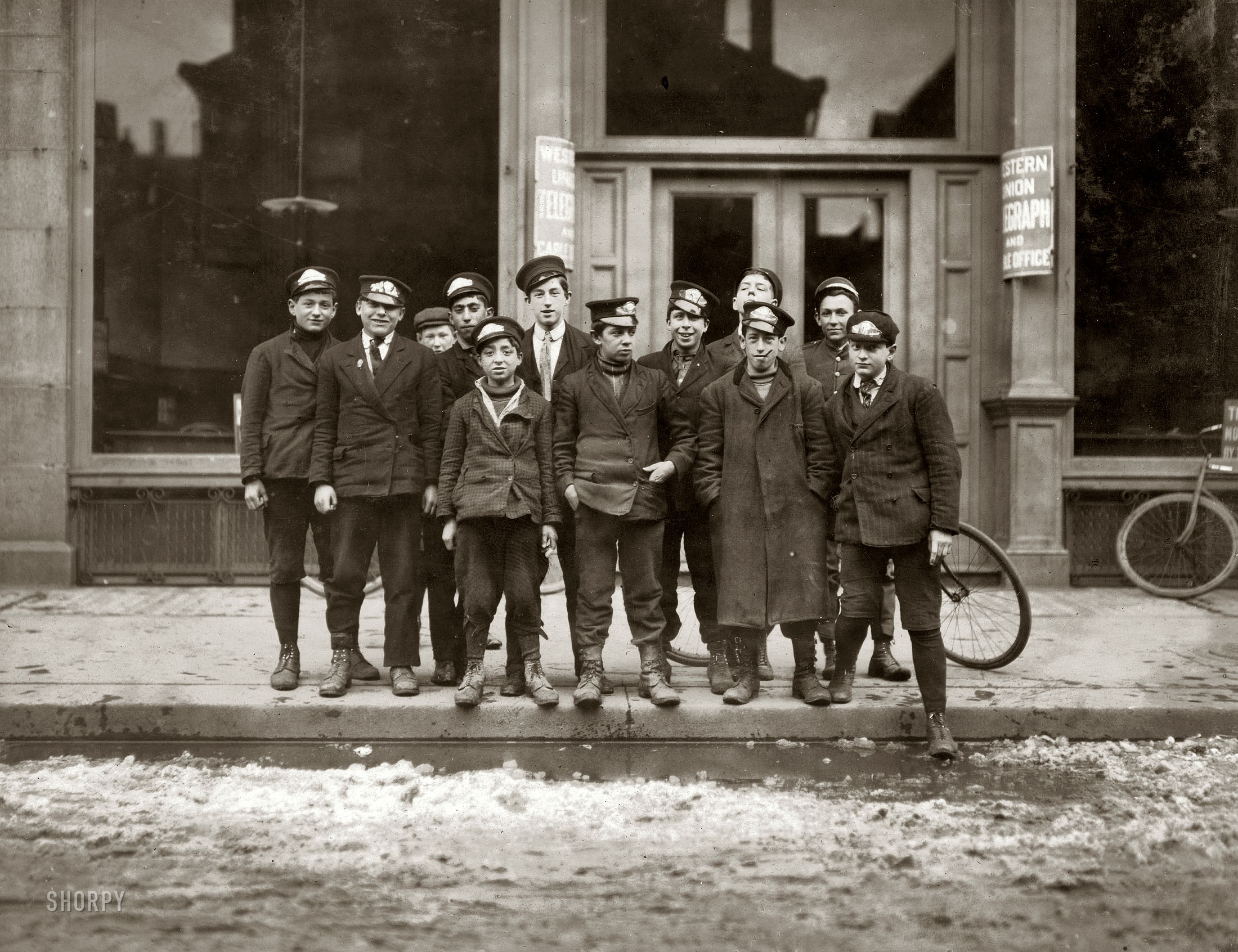 March 8, 1909. New Haven, Connecticut. "Telegraph messenger boys. They work until 11 p.m." Photo and caption by Lewis Wickes Hine. View full size.