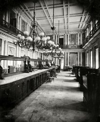 Washington, D.C., early 1860s. "Treasury Department in Lincoln's time (Cash Room behind the desks)." At least two spectral presences here. Civil War glass negative collection, Library of Congress. View full size.