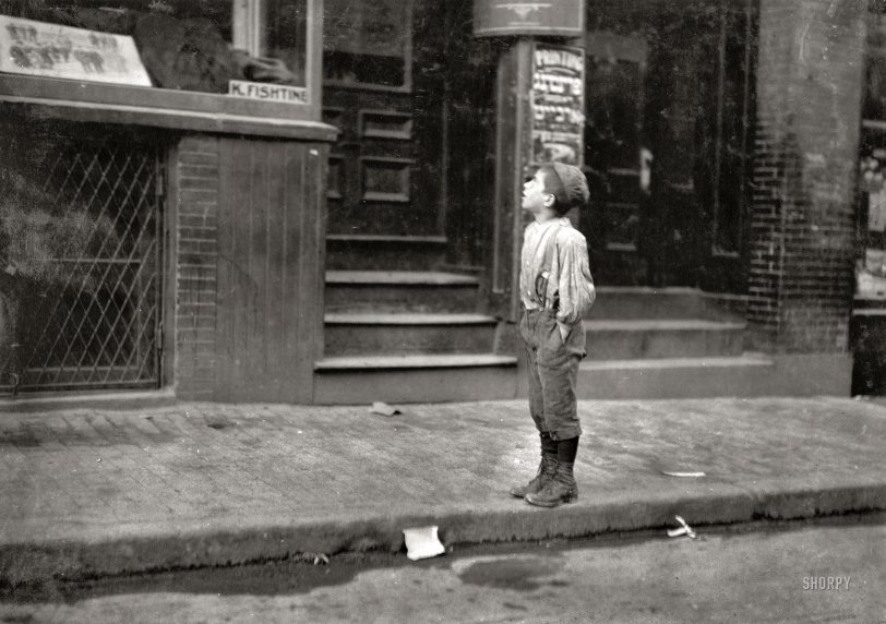 October 1909. Boston, Massachusetts. "Fire - Fire - I want to make the fire. An Italian boy on Salem Street Saturday morning, offering to make fires for Jewish People." Photograph and caption by Lewis Wickes Hine. View full size.
