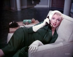 1953. "Marilyn Monroe enacting a scene from the motion picture How to Marry a Millionaire." Kodachrome by Earl Theisen for Look magazine.  View full size.