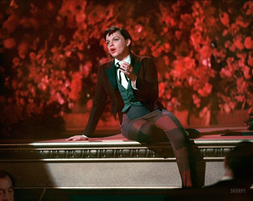 1954. Judy Garland in a still from one of the musical numbers in her movie "A Star Is Born." Color transparency by Robert Vose for Look magazine. View full size.
