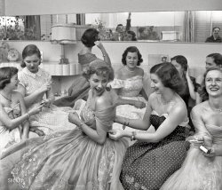 1950. From photographs by Stanley Kubrick for the Look magazine article "The Debutante Who Went to Work": "Socialite model/actress Betsy Von Furstenberg attending a weekend house party. Includes Von Furstenberg, hostess Sandra Stralem and other young women in ball gowns." View full size.

