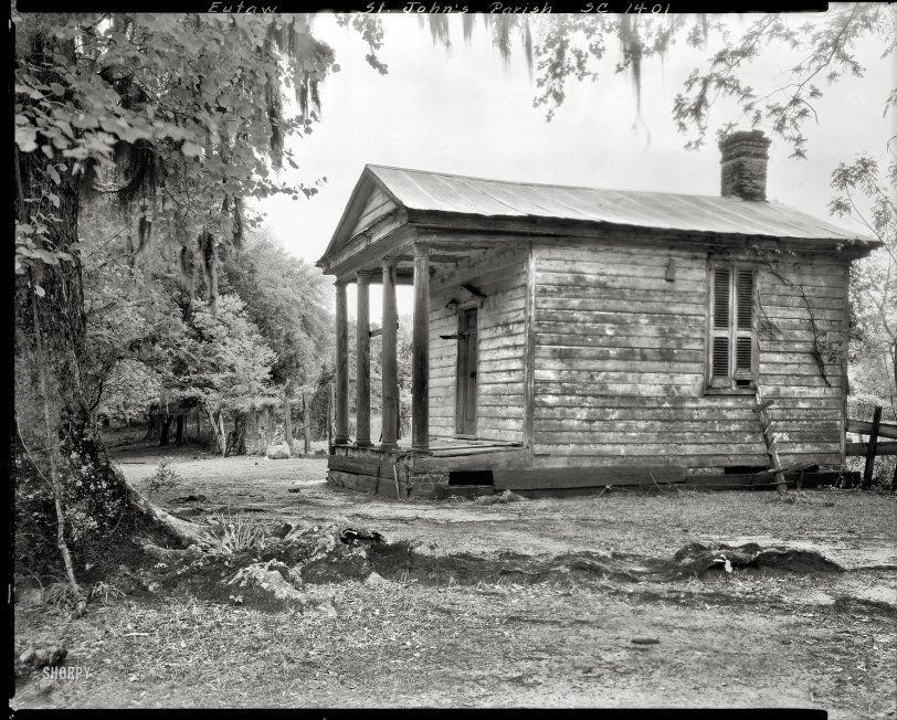 1938. Eutawville vicinity. Berkeley County, South Carolina Low Country. "Cabin at Eutaw Plantation. Main building dates to 1808. Built by Wm. Henry Sinkler, son of indigo planting family. Descendants still live there." 8x10 inch acetate negative by Frances Benjamin Johnston. View full size.
