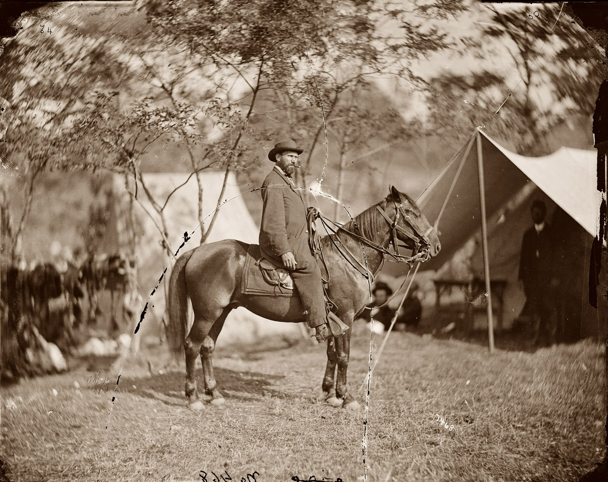 Allan Pinkerton ("E.J. Allen") of the Secret Service on horseback. Antietam, Maryland, main eastern theater of the war, September-October 1862. Glass negative (wet collodion). View full size. Photograph by Alexander Gardner.
