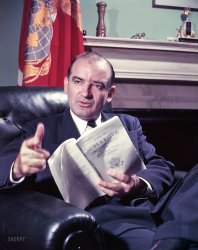 April 1953. Washington, D.C. "Sen. Joseph McCarthy of Wisconsin." Kodachrome by Frank Bauman for the Look magazine assignment "Joe McCarthy: The Man With the Power." Not to mention what looks like a pepper mill. View full size.
