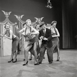 1952. Jimmy Durante rehearsing for the "Colgate Comedy Hour" or "All-Star Revue." Photos by Maurice Terrell and Earl Theisen for a Look magazine article about the TV producer Sam Fuller, "He Keeps Them Happy." View full size.