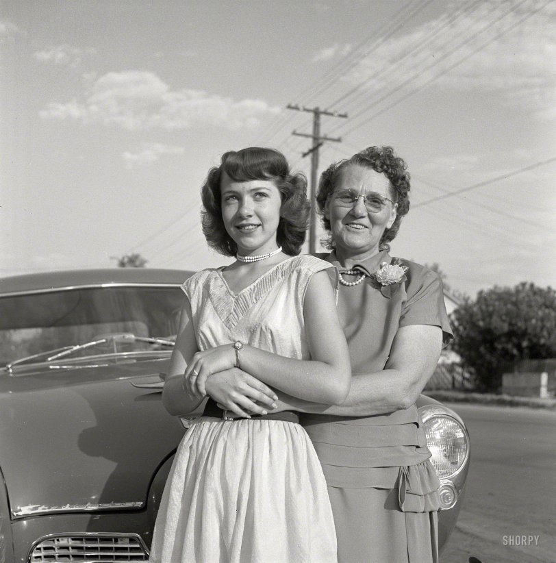 1952. "Photographs show families who migrated to California during the Dust Bowl years. People pictured include Mr. &amp; Mrs. Dinwiddie with daughter Ruth and grandchildren Margaret and Bobby." From photos by Earl Theisen for the Look magazine assignment "What's Become of the Okies?" View full size.
