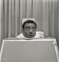 New York. August 1952. "Jackie Gleason rehearsing television show. Includes Gleason in steam cabinet." From negatives by various staff photographers used in the Look magazine articles "TV's Big Boy," "Mr. Saturday Night" and "The Jackie Gleason Story: Fat, Sad and Funny." View full size.