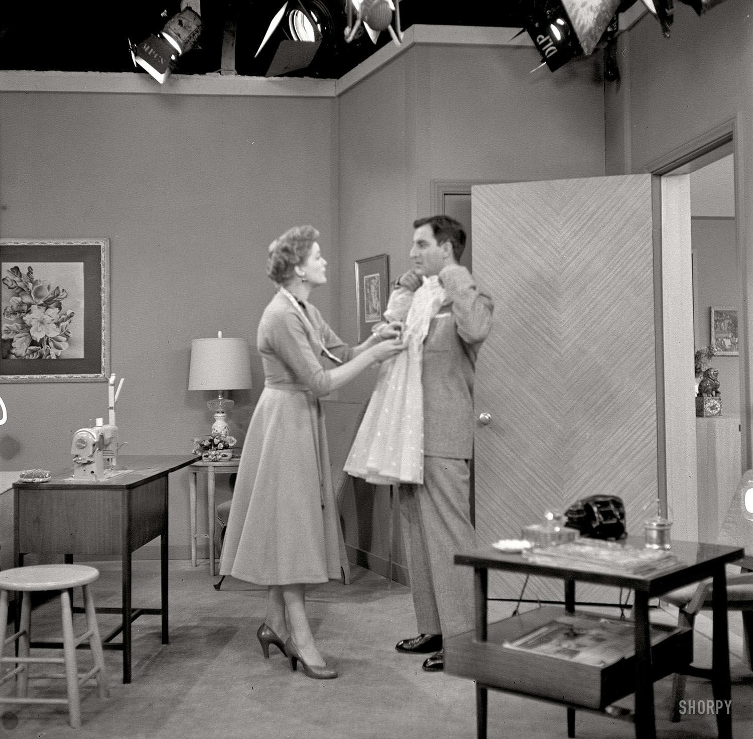 Danny Thomas and Marjorie Lord in 1957 rehearsing a scene for their TV show. Blurry photo by Robert Vose for the Look magazine article "Danny Thomas: He Has a Wonderful World All of His Own." View full size.