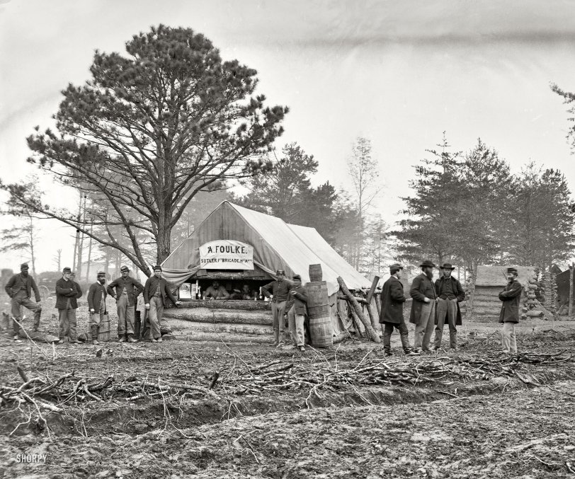 February 1864. "Brandy Station, Virginia. Tent of A. Foulke, sutler, 1st Brigade, Horse Artillery." Wet plate glass negative by James F. Gibson. View full size.
