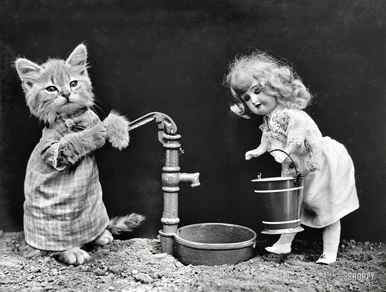 1914. "Kitten in costume grasping pump handle, ready to fill water bucket carried by doll." Another of the vaguely spooky tableaux featuring posed dogs and cats that were a specialty of novelty photographer Harry W. Frees. View full size.