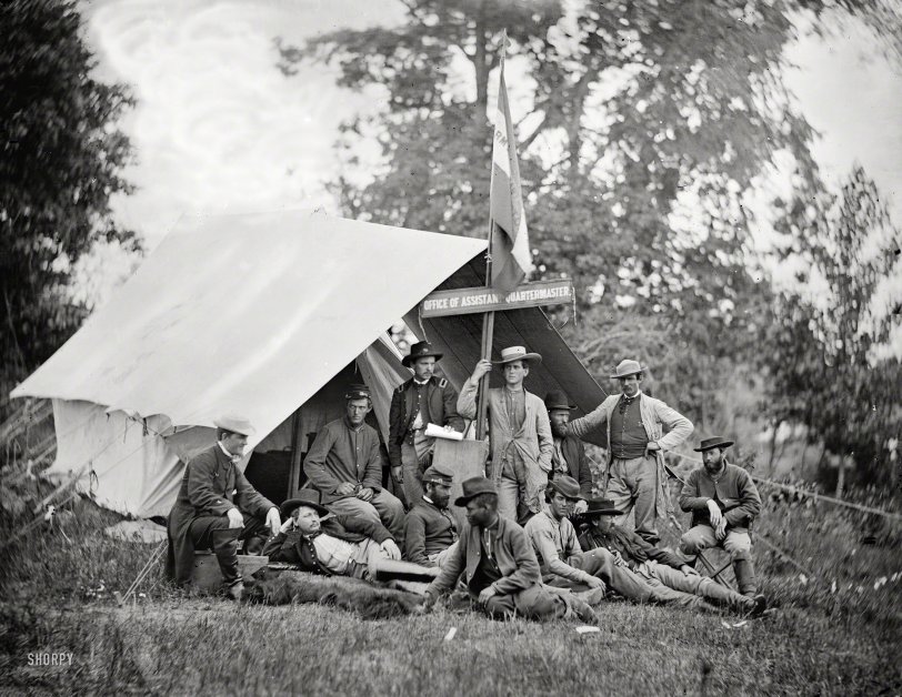 June 1863. "Fairfax Courthouse, Virginia. Capt. J.B. Howard, Office of Assistant Quartermaster, Army of the Potomac." A colorful crew, even in monochrome. Wet plate glass negative by Timothy O'Sullivan. View full size.

